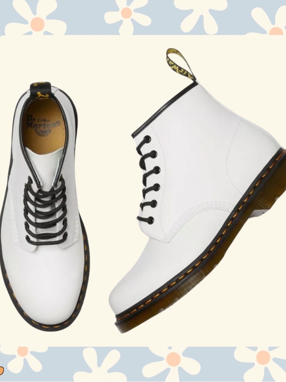 Dr. Martens 101 Yellow Stitch Smooth Leather Ankle Boots, White, Sz 10